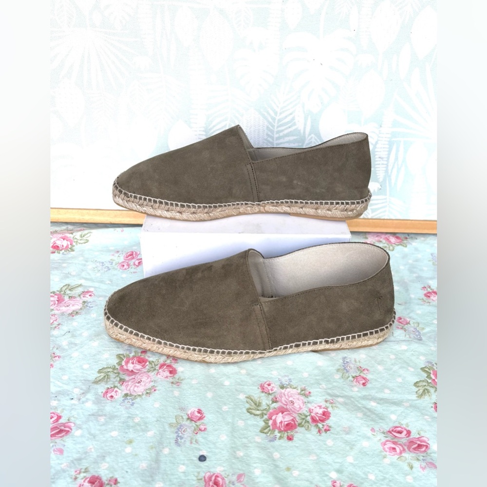 Manebi Hamptons Suede Espadrille Loafers Jute Rope Midsole in Olive Taupe Sz. 10